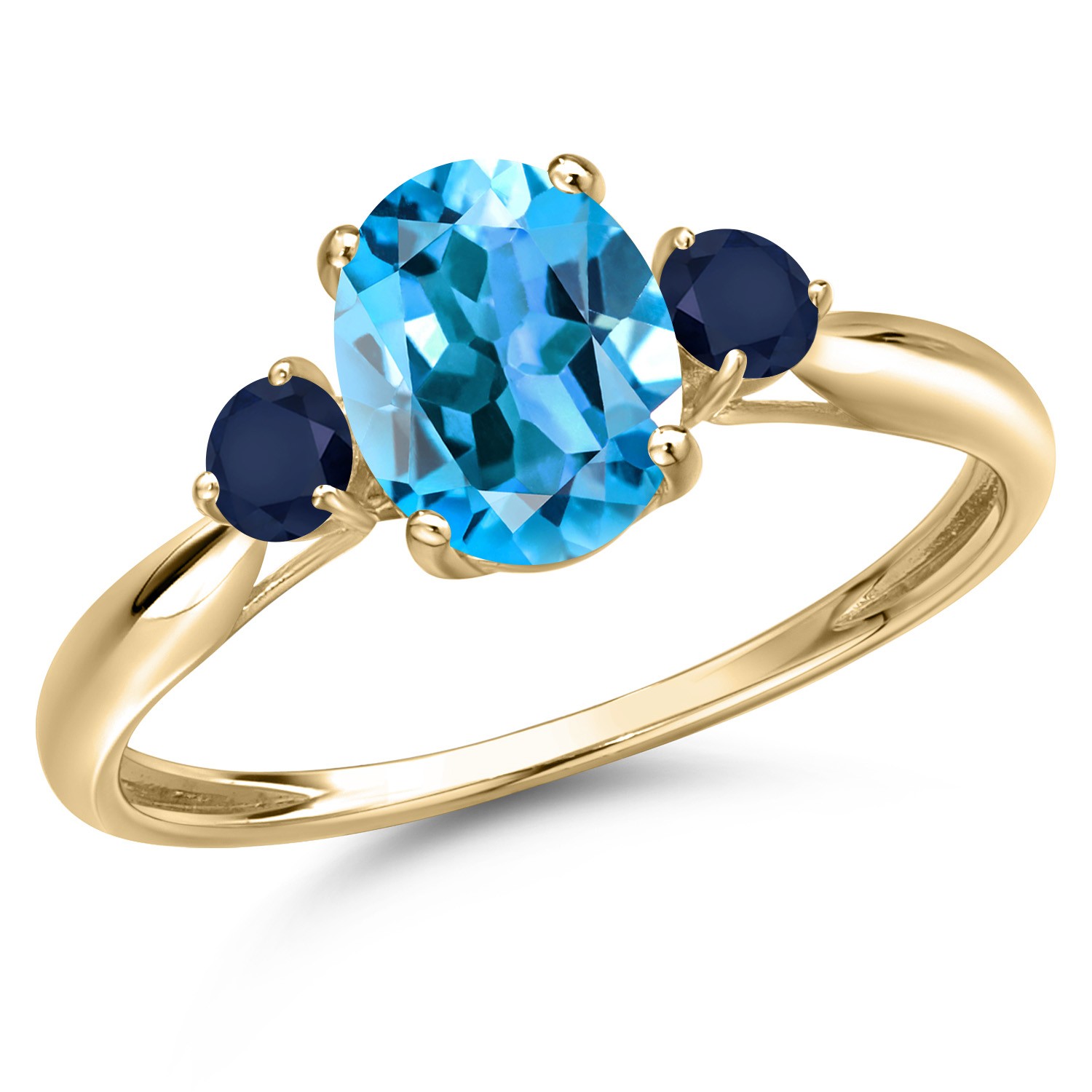 10K Yellow Gold Swiss Blue Topaz and Sapphire 3-Stone Ring For Women | 1.80