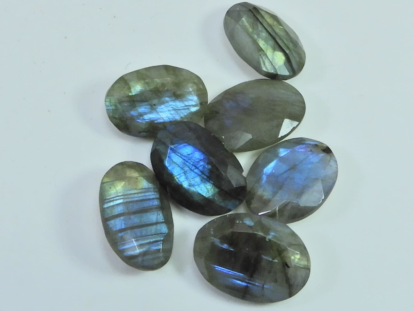 Natural Checker Cut Labradorite Flat Back Oval Cabochon Gemstone 7 Pcs Lot
