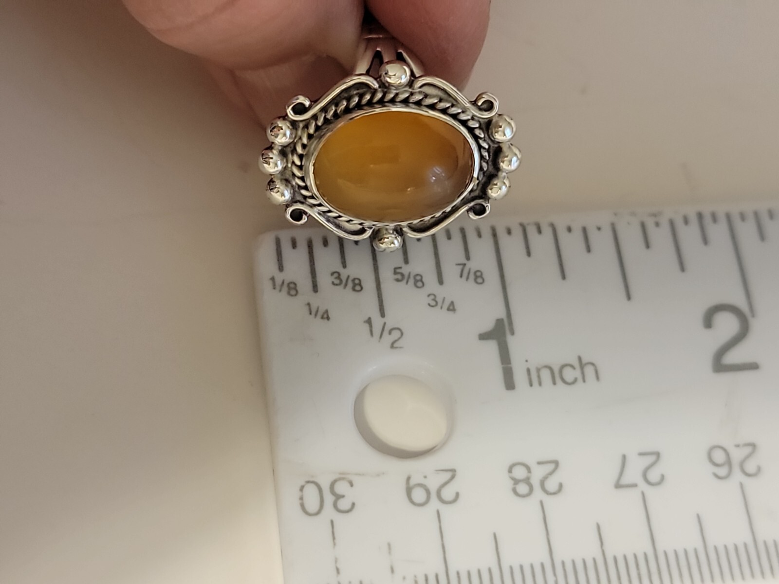 Amber Egg Yolk Chalcedony Ring Sterling Size 8.25 Ornate Design