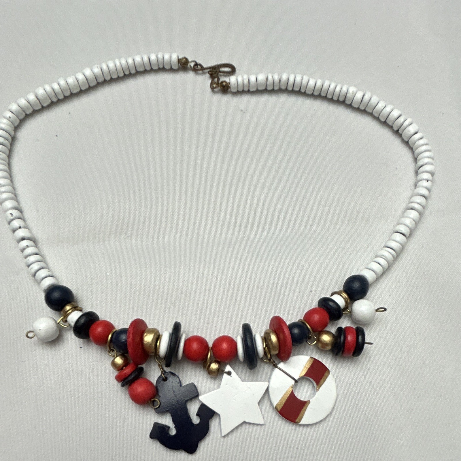 Red White Blue Beaded Charm Necklace, Nautical Anchor Star, Hook Closure