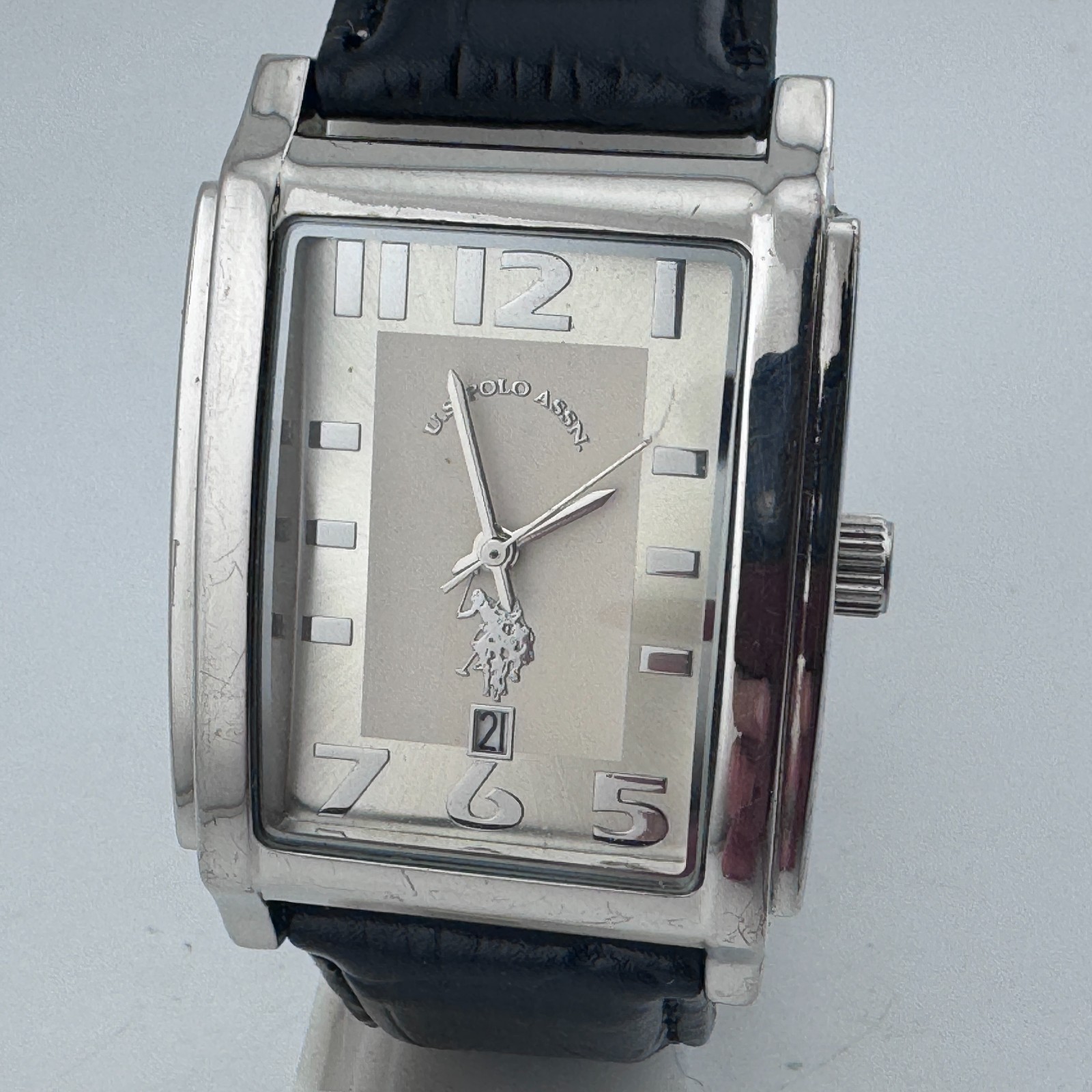 U.S. Polo Assn. Quartz Watch Men Silver Black Rectangle Date Analog New Battery