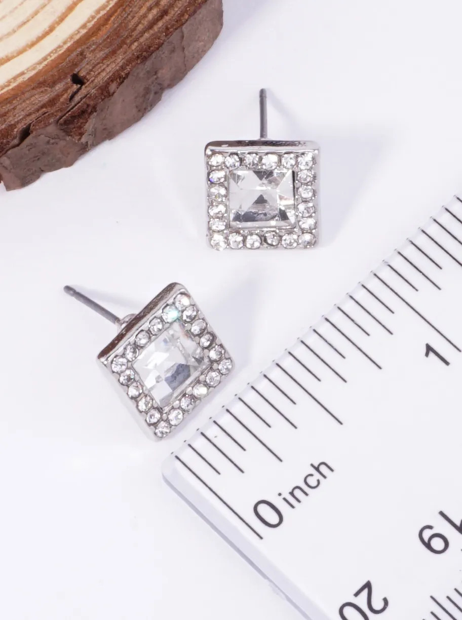 Square Glass Pavé Rhinestone Stud Earrings 0.4in, Gold or Silver Tone