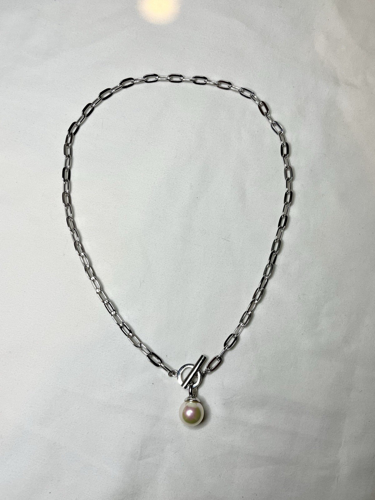 925 Sterling Silver Paperclip Chain Toggle Clasp Pearl Pendant Necklace Charm