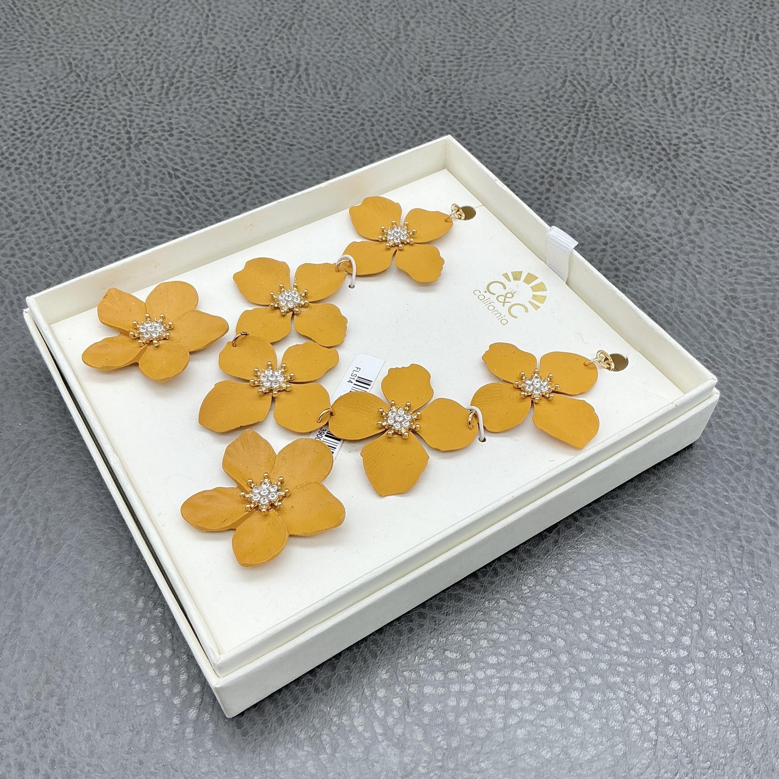 C&C California Necklace Earrings Flower Dangle Stud Mustard Yellow Rhinestone