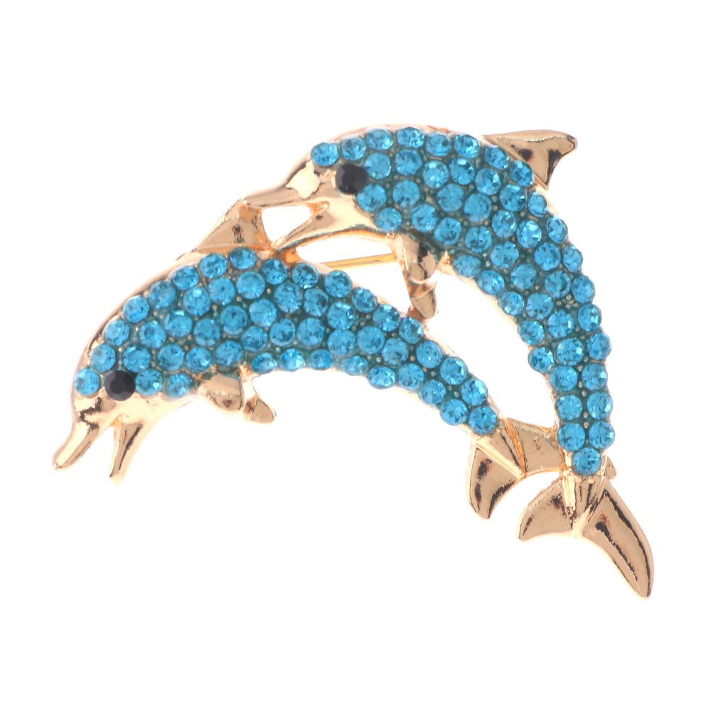 Gold Tone Alloy Metal Crystal Dolphin Brooch P1661-AQU