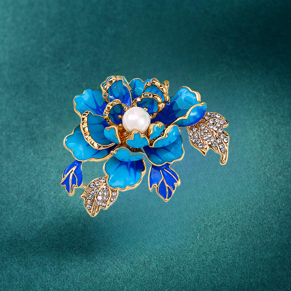 Vintage Blue Enamel Crystal Rhinestone Peony Flower Brooch Pin