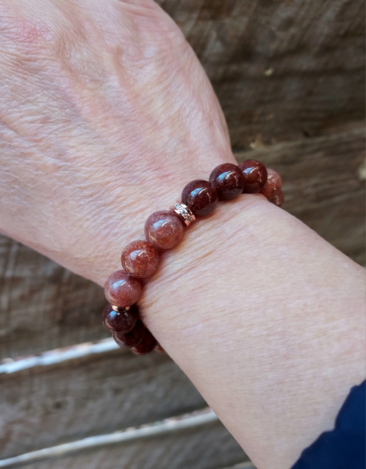 Red Phantom Quartz Gem Bead Bracelet In Rose Gold Stretch One of a Kind 6.75″