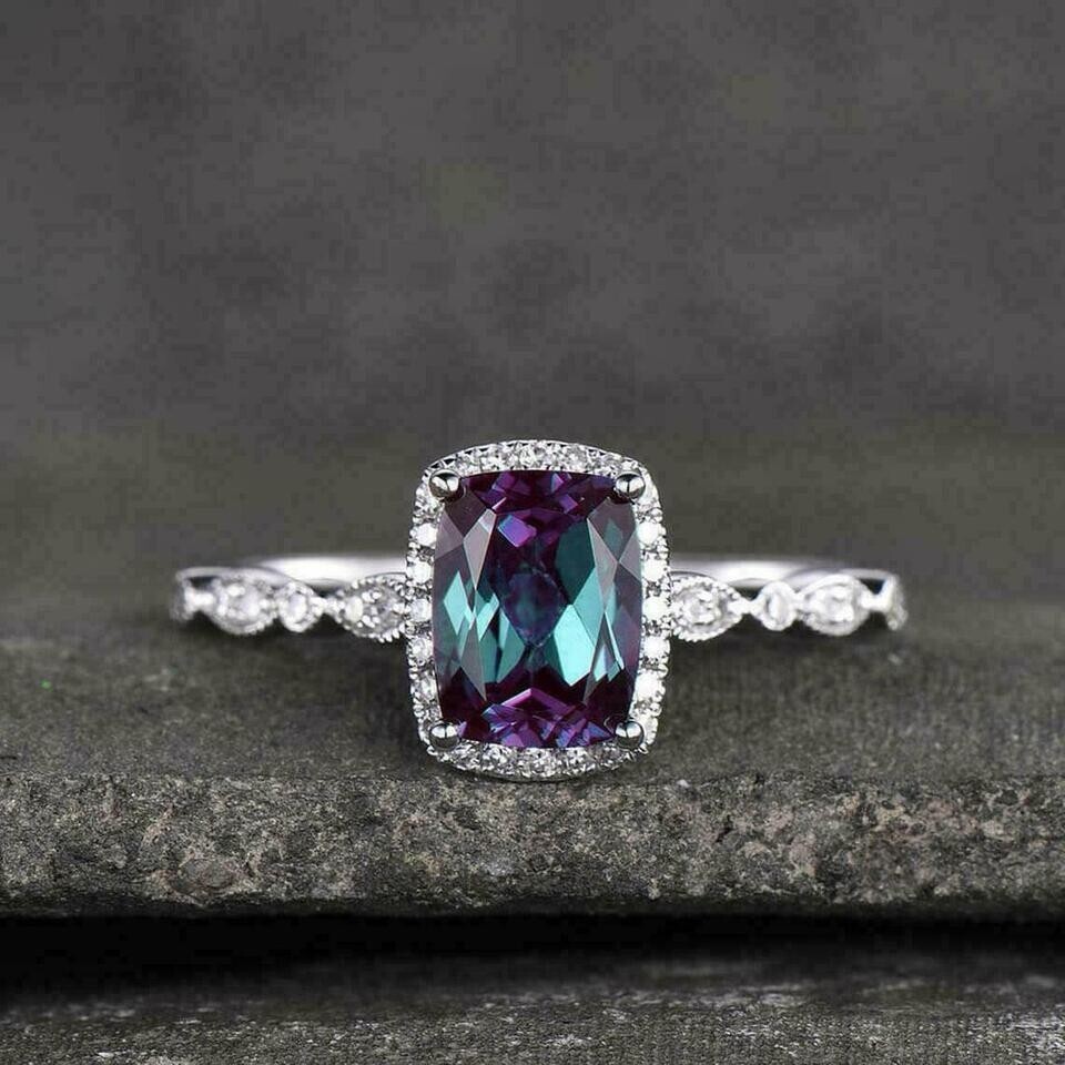 2Ct Cushion Cut Alexandrite Halo Women’s Engagement Ring 14K White Gold Finish