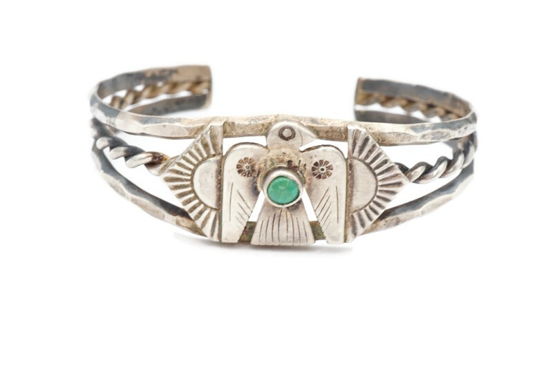 Vtg Fred Harvey Ear Navajo Sterling Silver Turquoise Thunderbird Bracelet 6.25″
