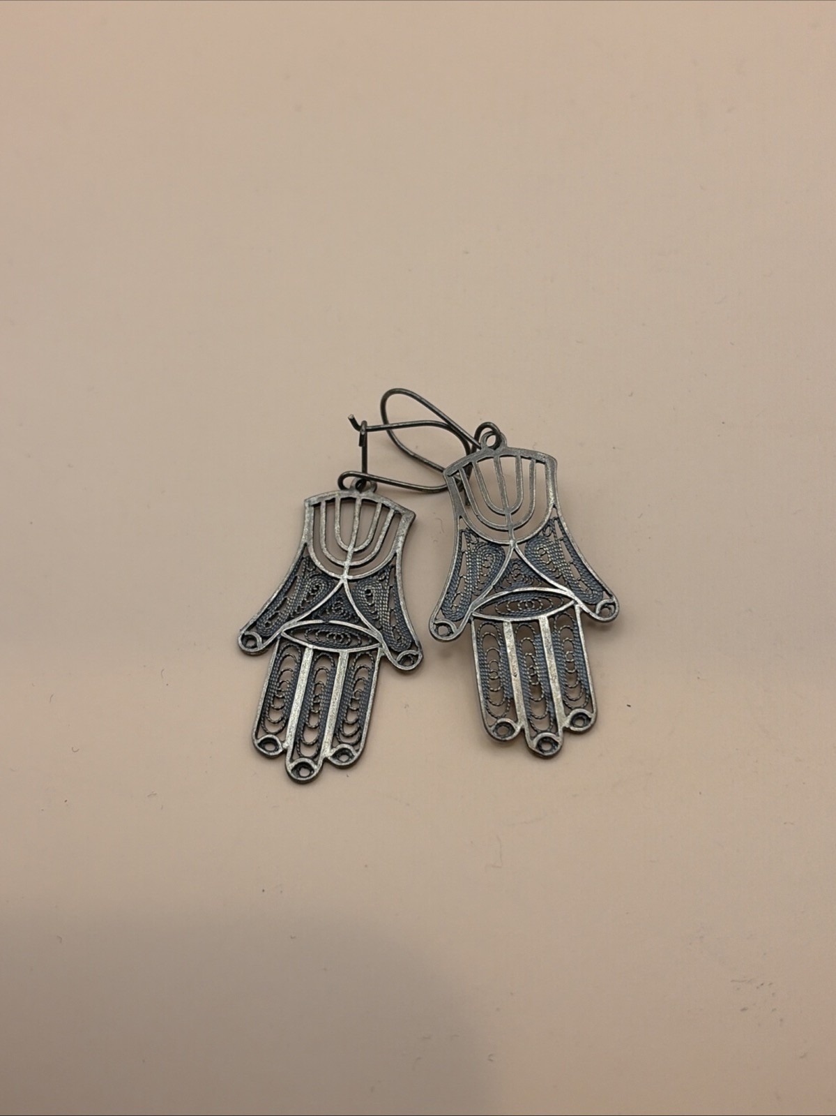 Vtg 925 Sterling Silver Filigree Hamsa Menorah Dangle Earrings Israel Judaica