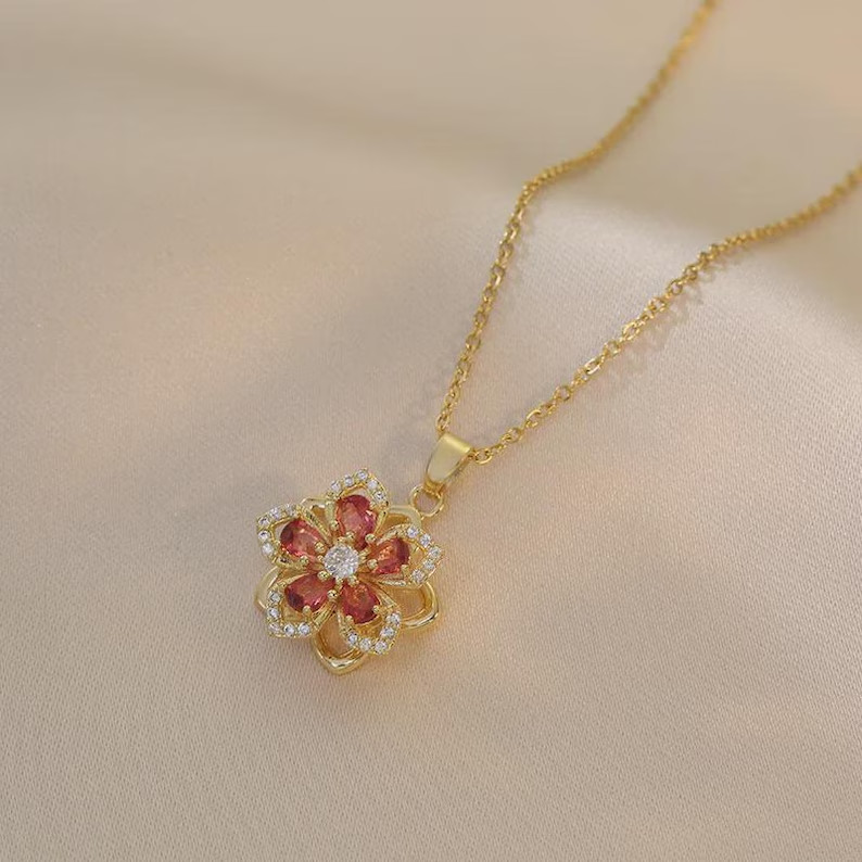 14K Yellow Gold Plated Women Rotating Flower Pendant 4 Ct Pear Simulated Diamond