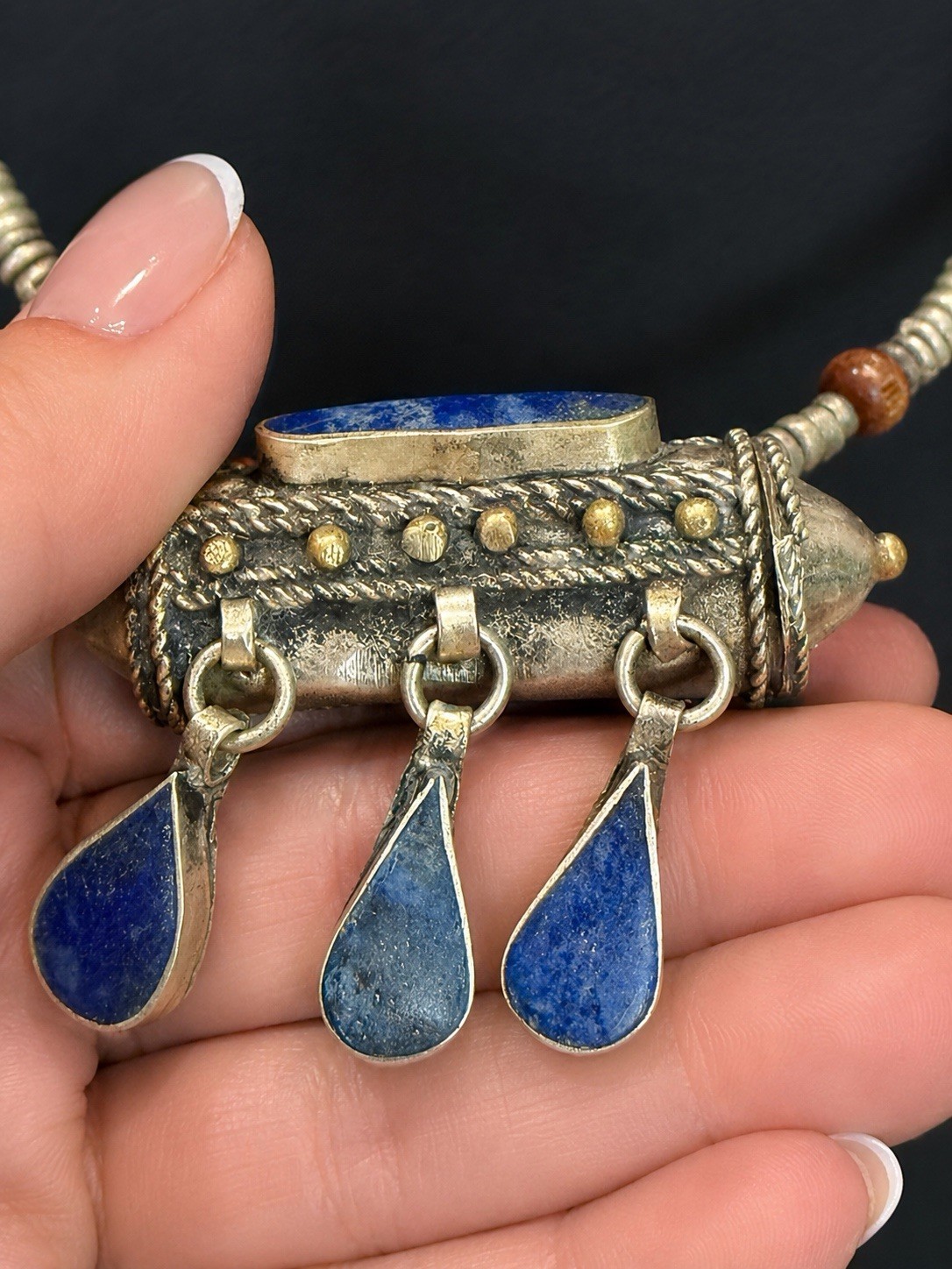 50g 925 Sterling Silver Tribal Blue Lapis Amulet Necklace | Vintage Thai Artisan