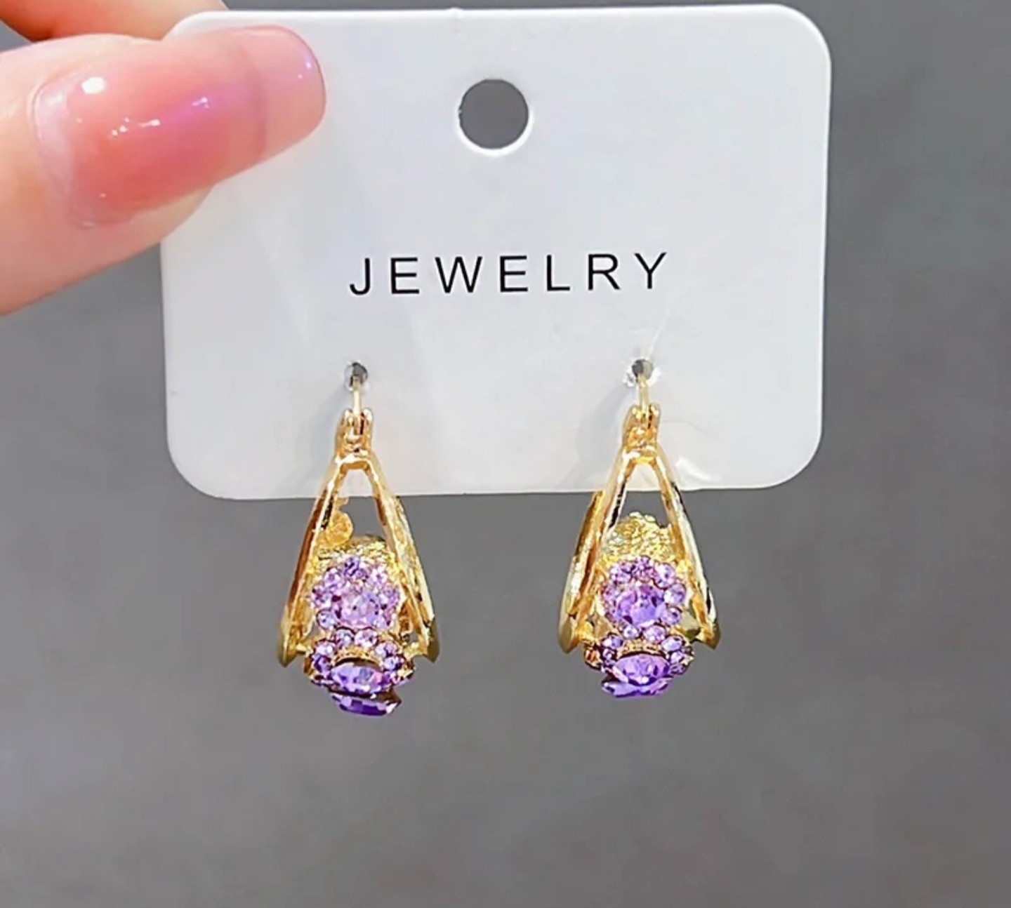 Gold Tone Teardrop Dangle Drop Earrings Leverback Purple Round Rhinestones
