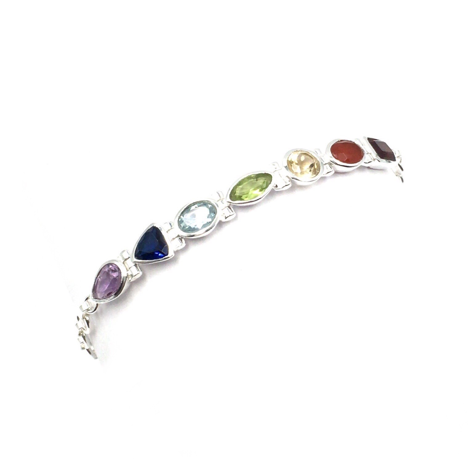 925 Silver Bracelet 18.5cm Colourful Gemstones Multicolour Jewellery Red Blue Green Yellow