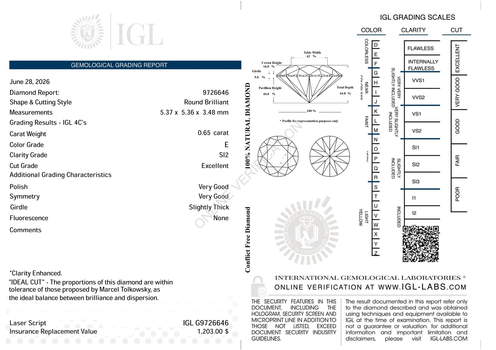Certified 0.65 Carat E SI2 Round Brilliant Natural Enhanced MINED Diamond 5.37mm
