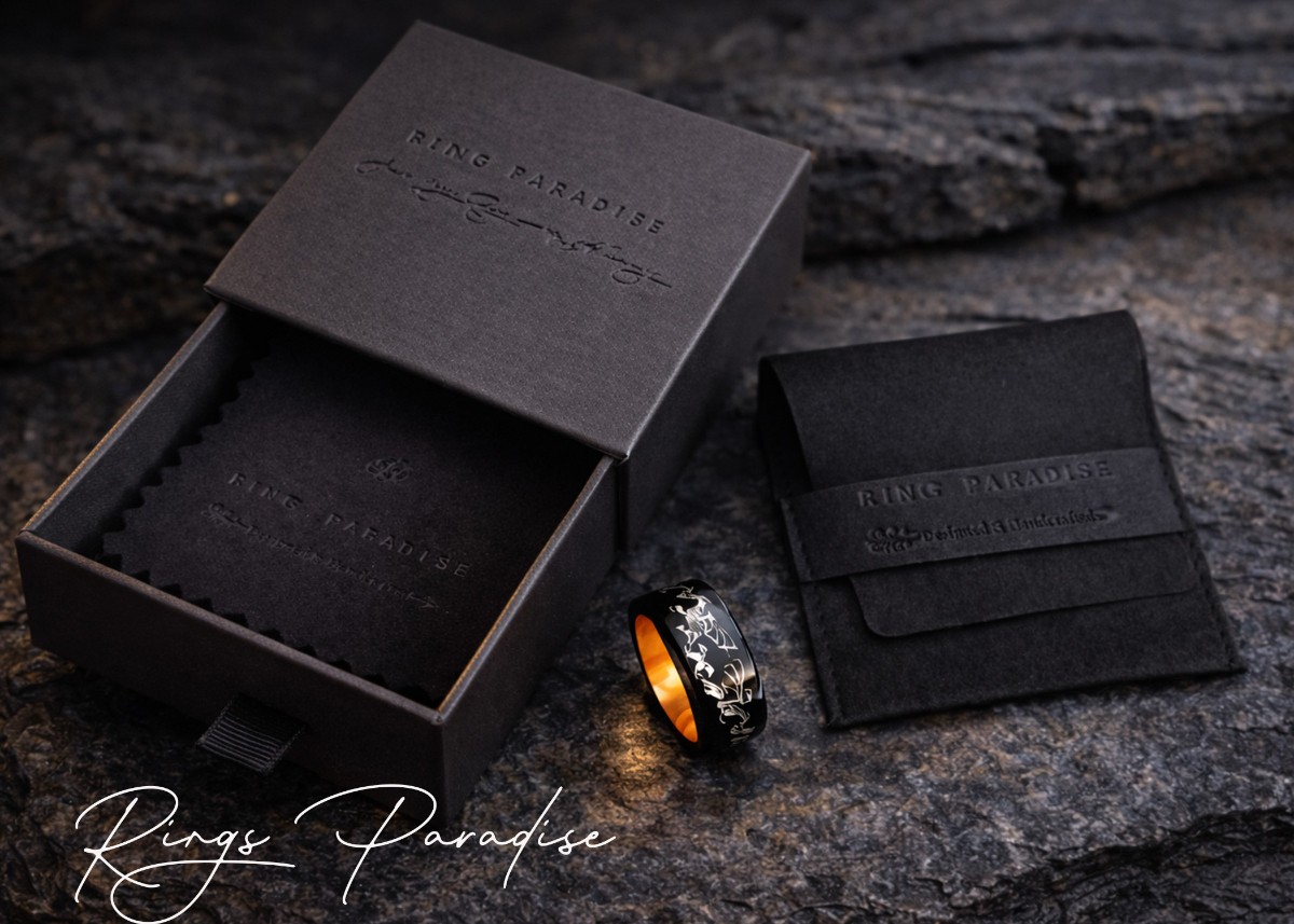 Yellow Gold Tungsten Ring 6mm 8mm | Wood Meteorite Inlay Band