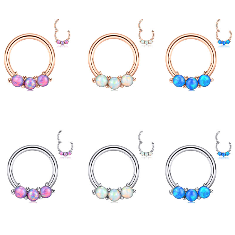 Opal Gem HINGED Segment Nose Ring Surgical Steel Septum Clicker Daith Hoop- ONE