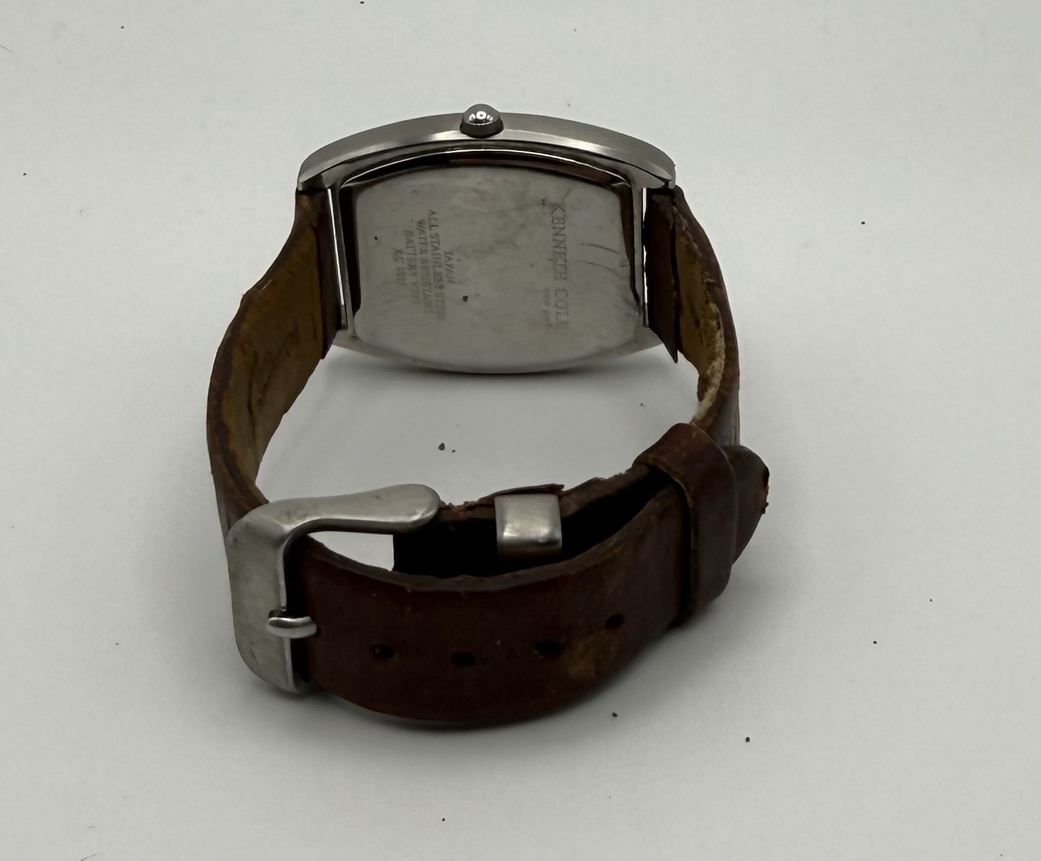 Kenneth Cole Quartz New York Tonneau SS Brown Leather Silver Dial Date 30m