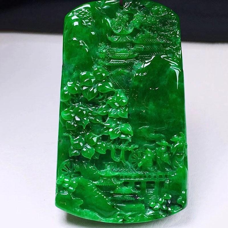 Full Green Waxy Ice Jadeite Landscape Pendant Moist Polished Unisex Jewelry Gift