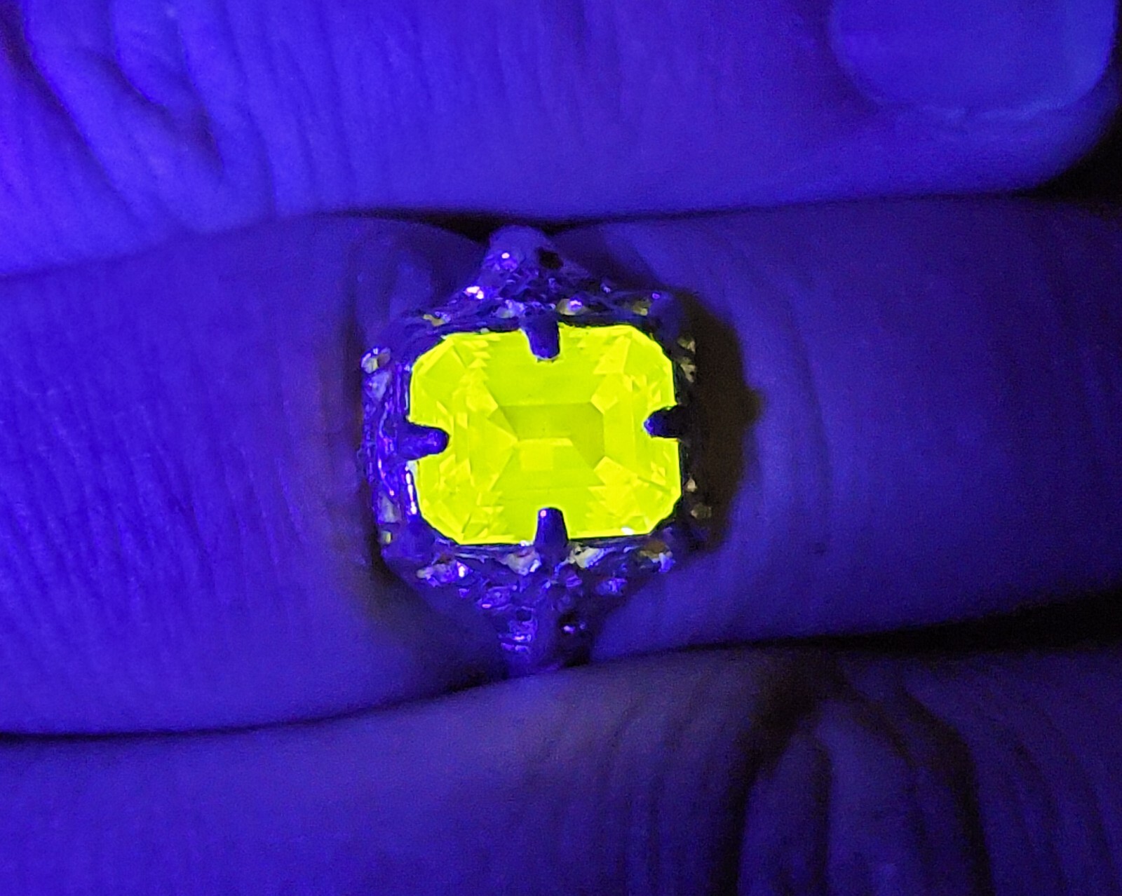 Sterling YAG Ring UV Yellow Yttrium Aluminum Garnet Emerald Cut Floral Filigree