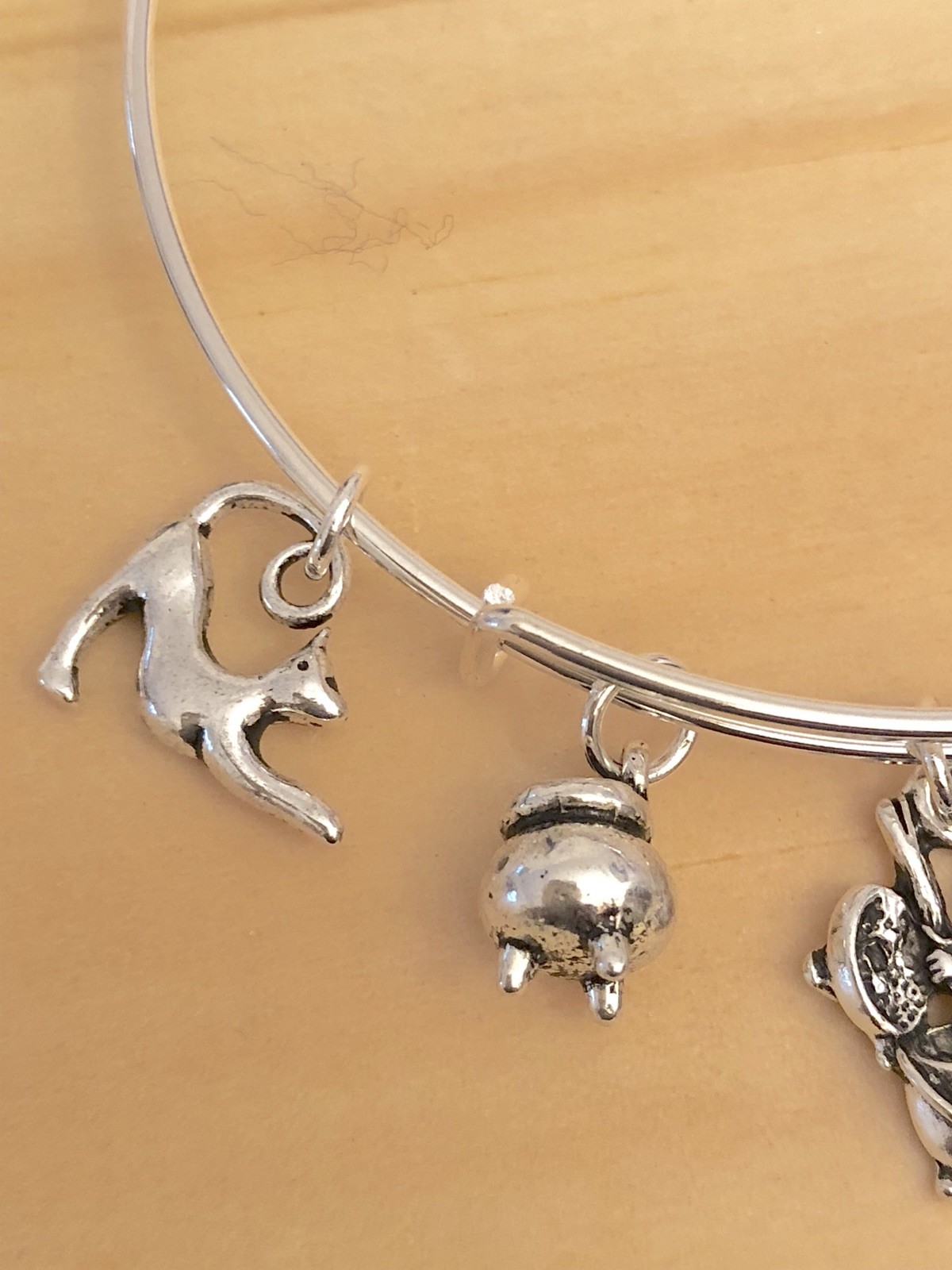 Halloween Witch & Brew & Cat Silver charm Expandable Bangle Bracelet