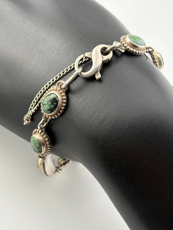 VINTAGE STERLING SILVER GREEN TIBETAN TURQUOISE BRACELET 7″ 14.54G S CHAIN 1476