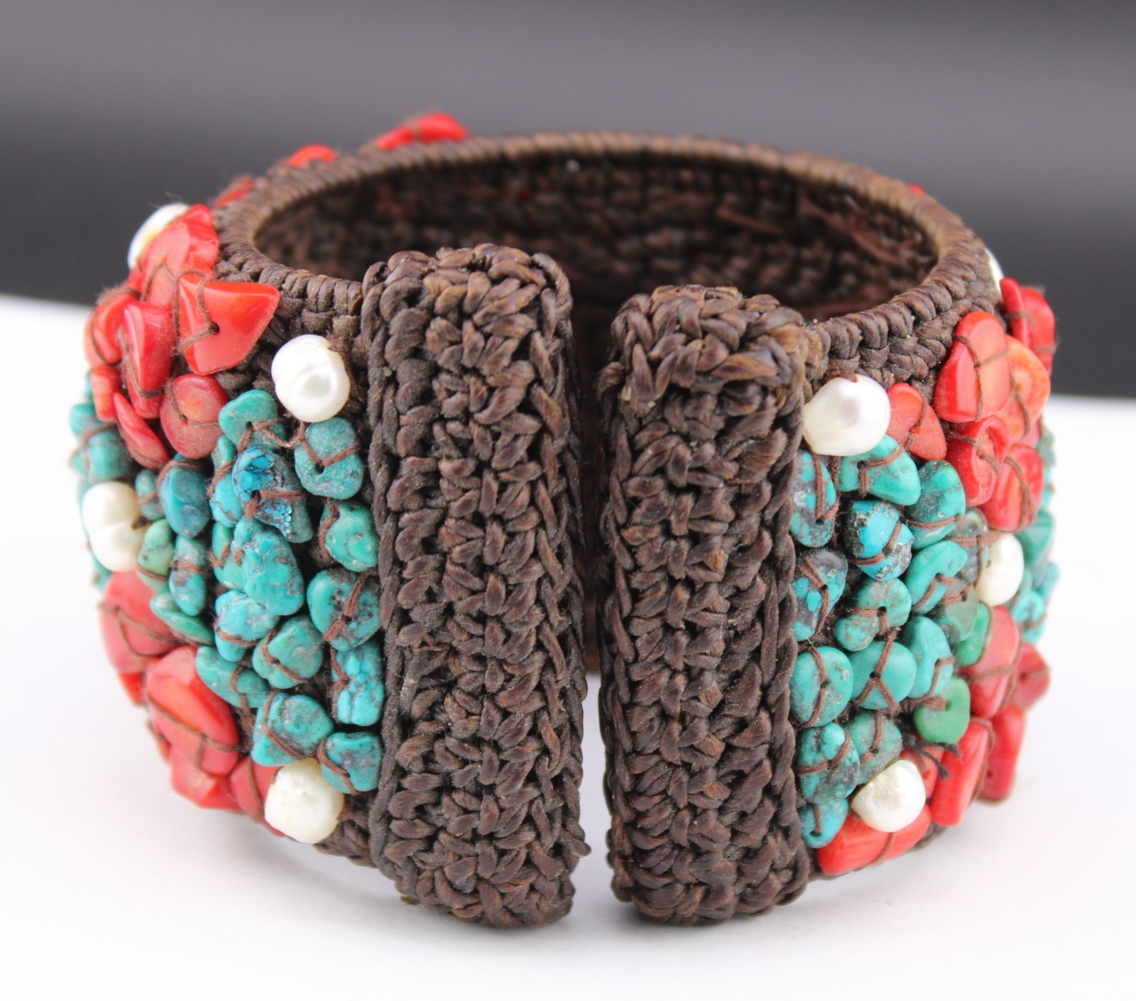 Chunky Soms Th Crochet Turquoise Coral Pearl Bead Cuff Southwestern Bracelet “
