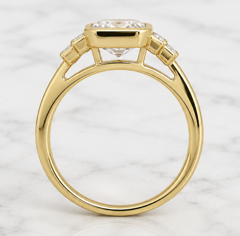 3 Carat Lab Grown Emerald Cut Diamond Bezel Set Engagement Ring in Yellow Gold