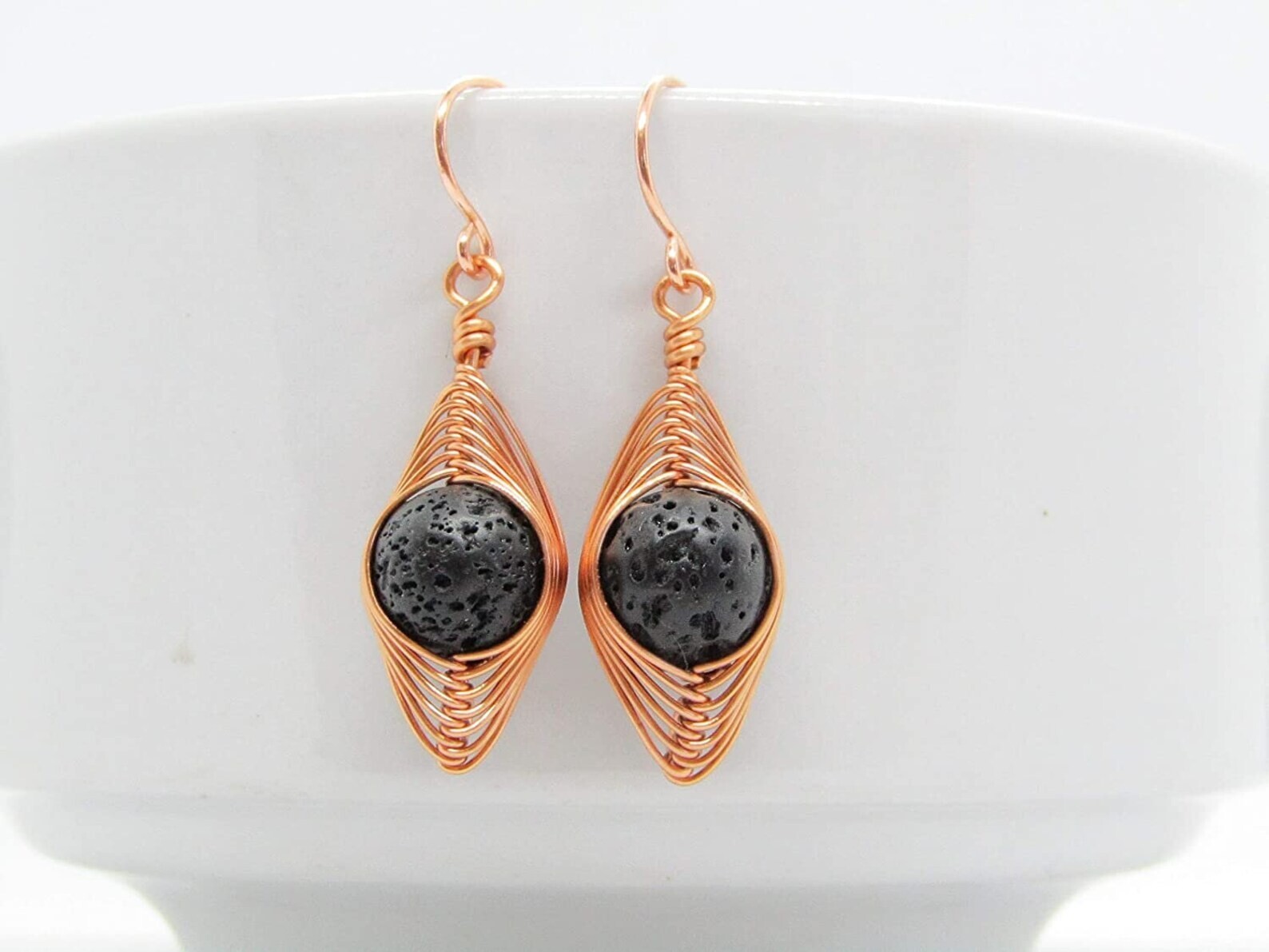 Black Lava Stone Earrings in Copper Dainty Gemstone Earrings Copper Jewelry Gift