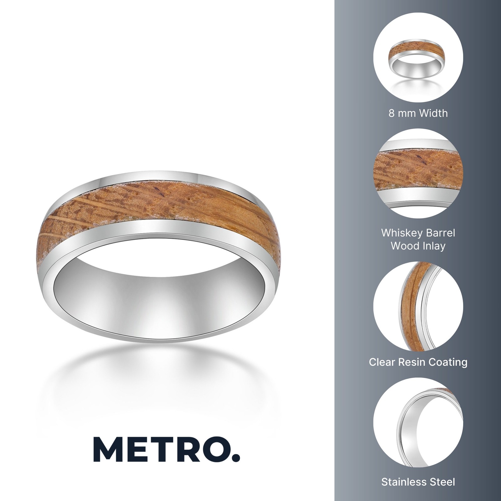 Stainless Steel Ring with Whiskey Barrel Wood Inlay and Clear Resin – Size 8-12