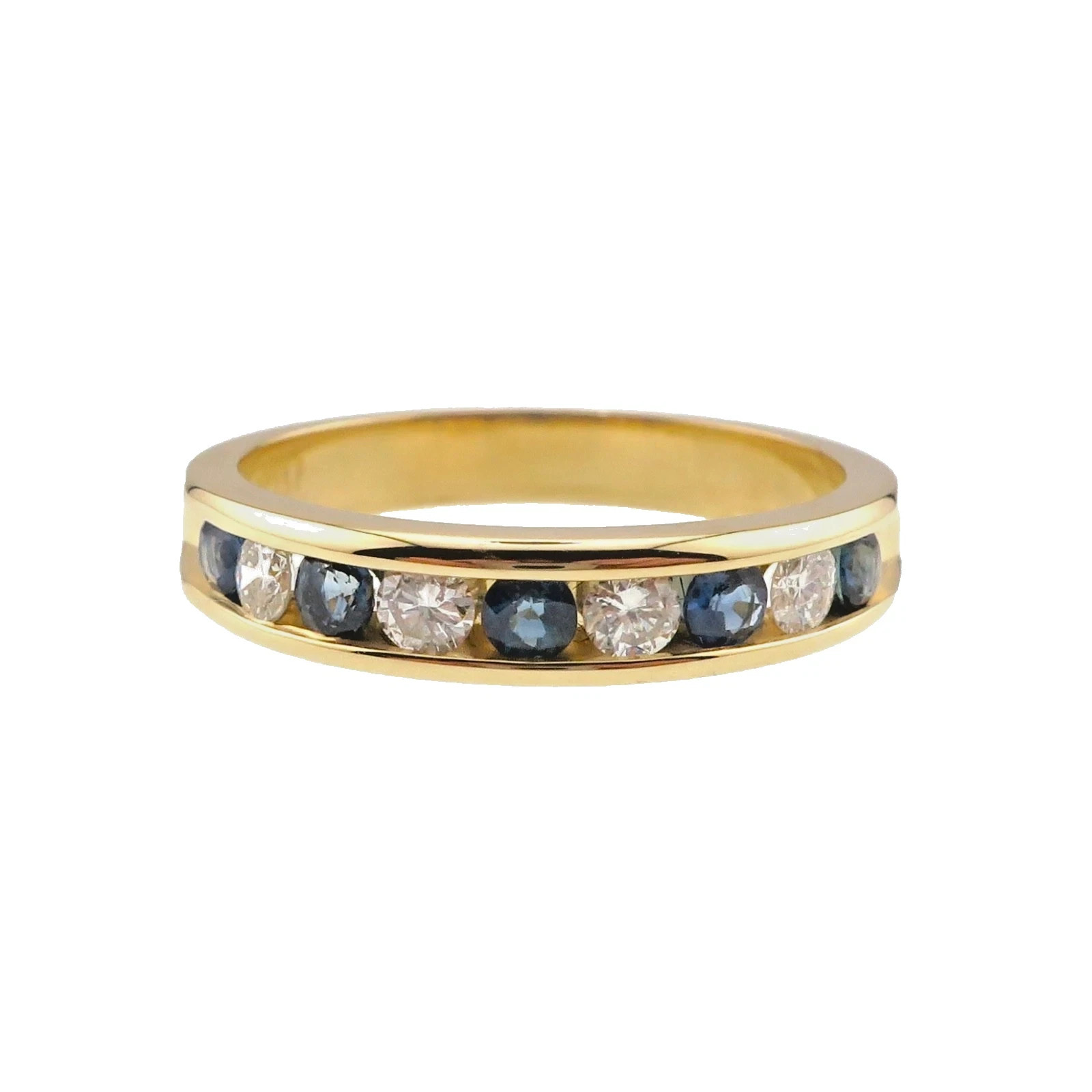 Classic 14k Solid Yellow Gold Natural Blue Sapphire and Diamond Band Ring Size 7