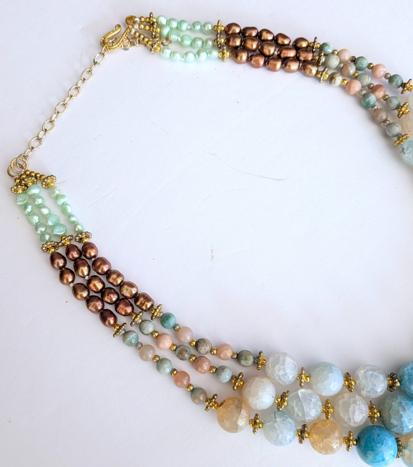 Gorgeous Triple Strand Assorted Blue Agate Brown/Green Pearl Necklace