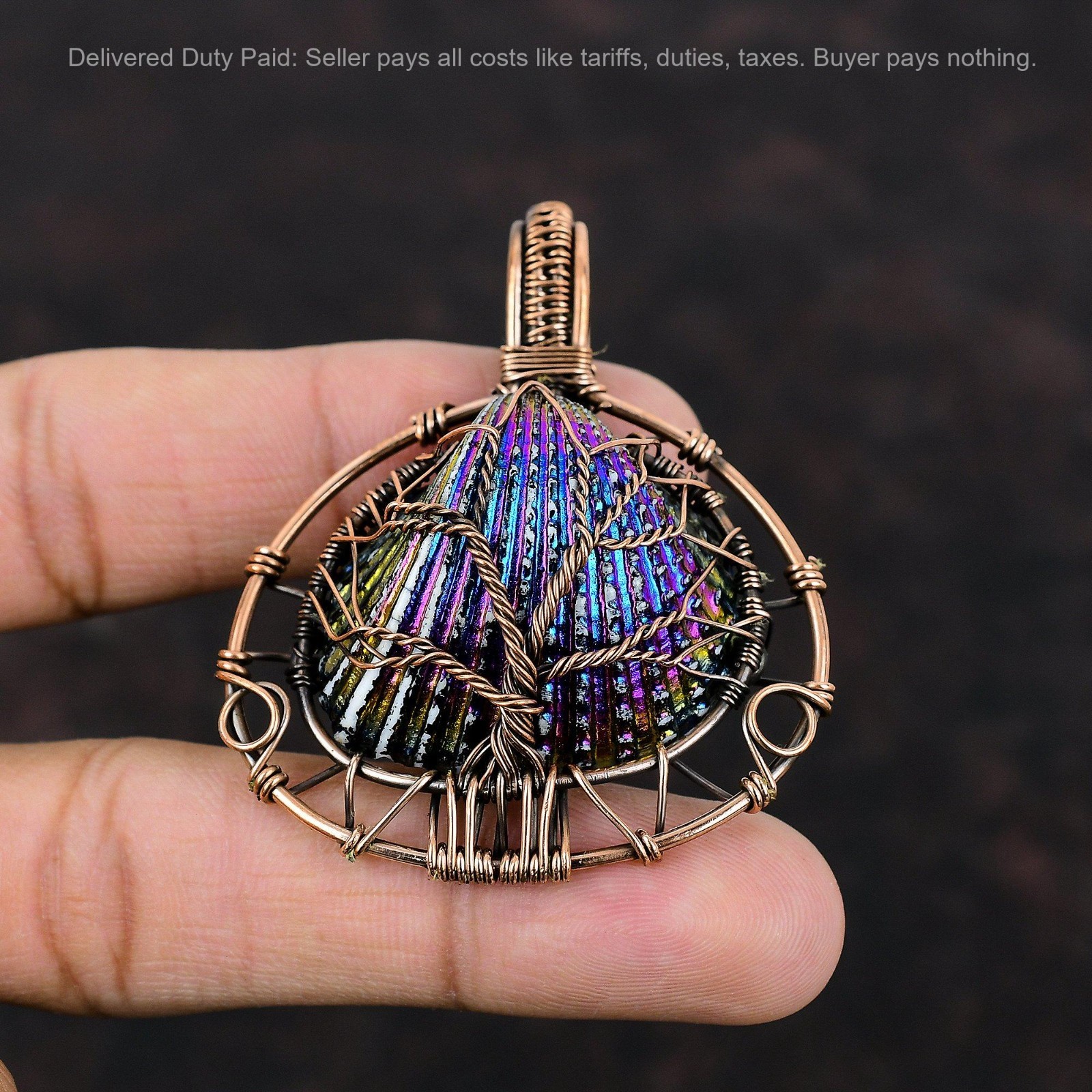 Titanium Coated Shell Gemstone Wire Wrapped Tree Of Life Pendant Jewelry Copper