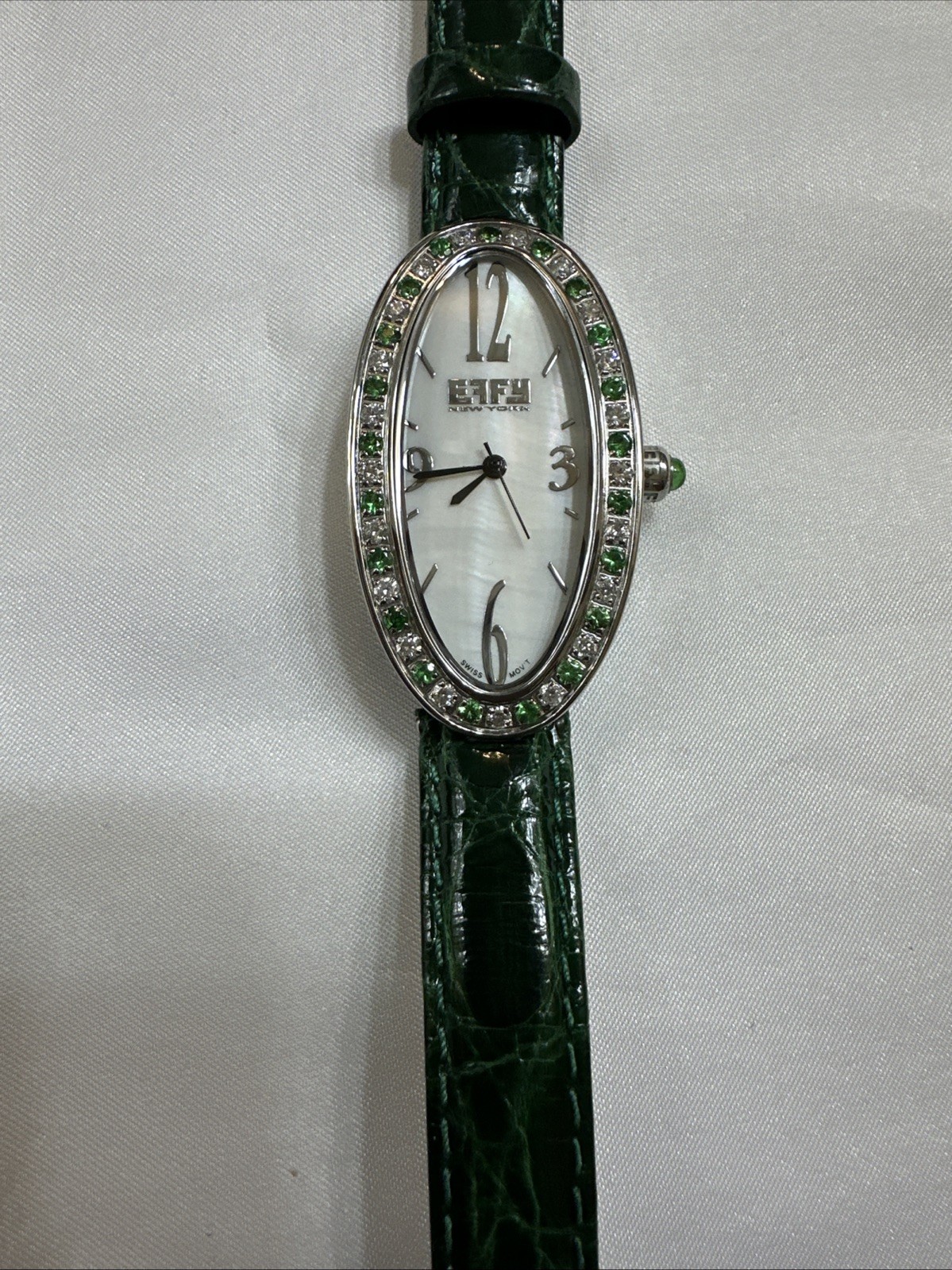 Effy Diamond & Tsavorite 1.78 Ct Swiss Quartz Ladies Watch Green Crocodile Strap