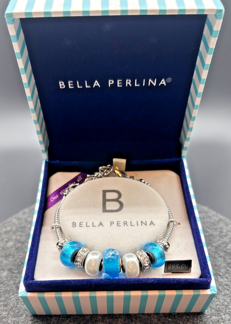 Bella Perlina Blue Glass Charm Bracelet Silver Tone White Pearls UNWORN NIB