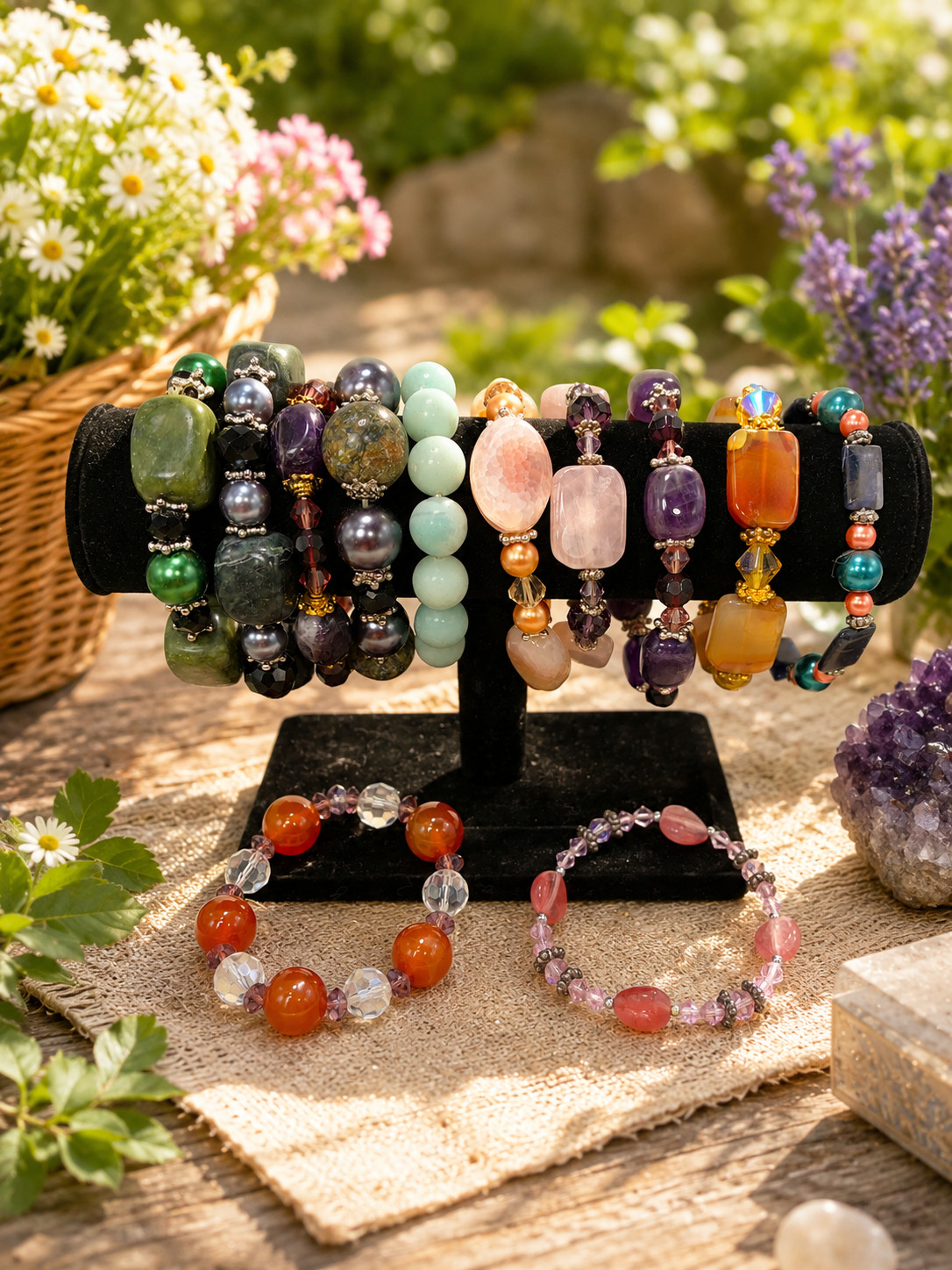 Lot of 10 Handmade Stone Stretch Bracelets Adult Gemstone Beaded Jewelry Set