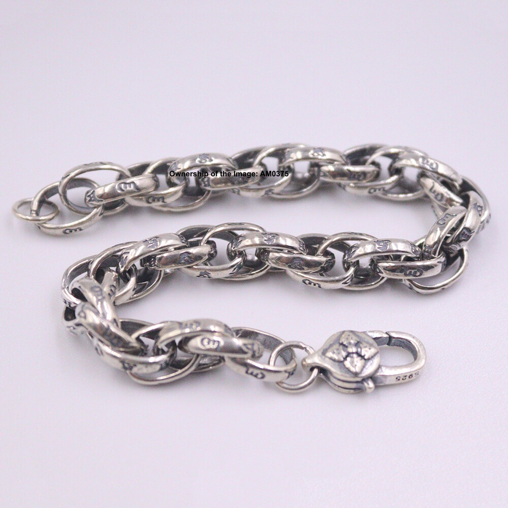 Pure 925 Sterling Silver Men’s Bracelet 8.5mm Six-Word Oval Link Chain 8.26inch