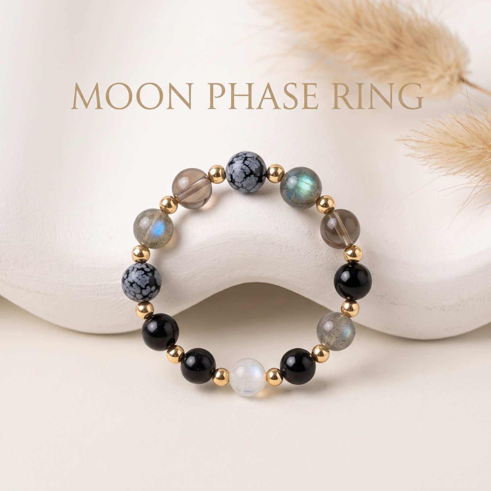 Moon Phase Beaded Stretch Ring Natural Labradorite Obsidian Selenite Tourmaline