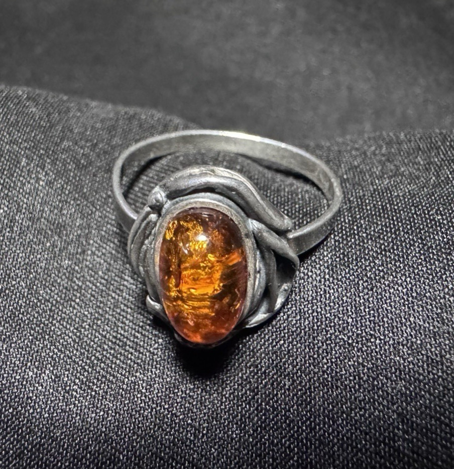 Vintage Sterling Silver Cognac Baltic Amber Ring Organic Leaf Setting Size 8