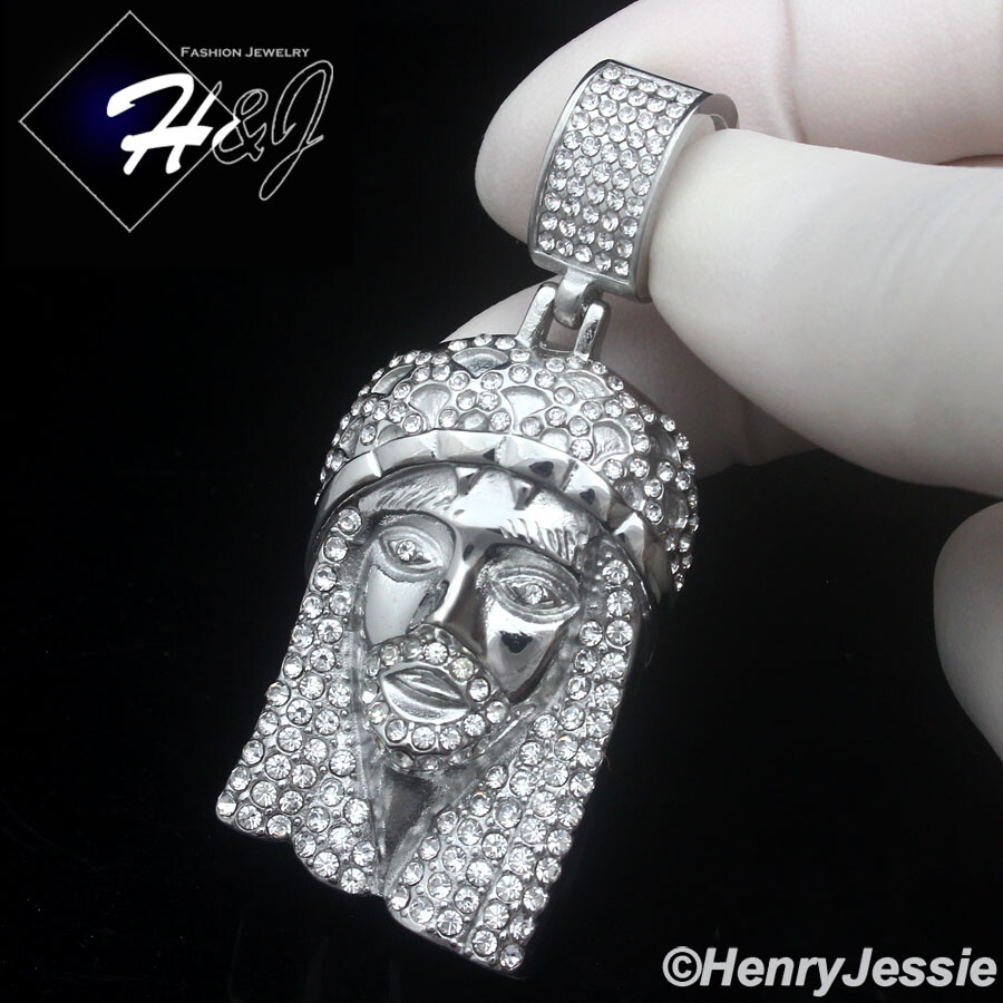 18″-40″MEN Stainless Steel 5mm Silver Box Link Necklace ICY CZ Jesus Pendant*150