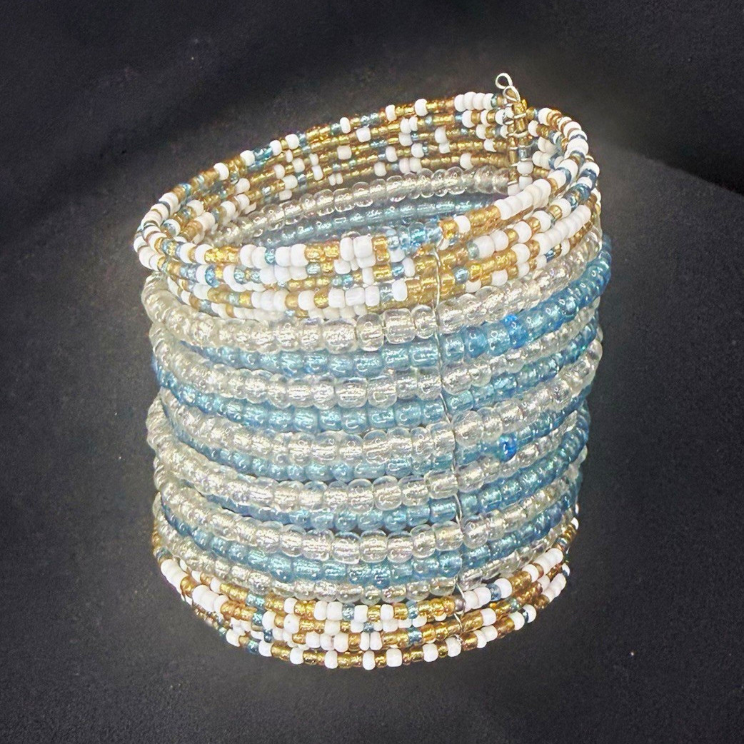 Blue White Gold Glass Seed Bead Wrap Cuff Bracelet, Multi-Strand, Stackable