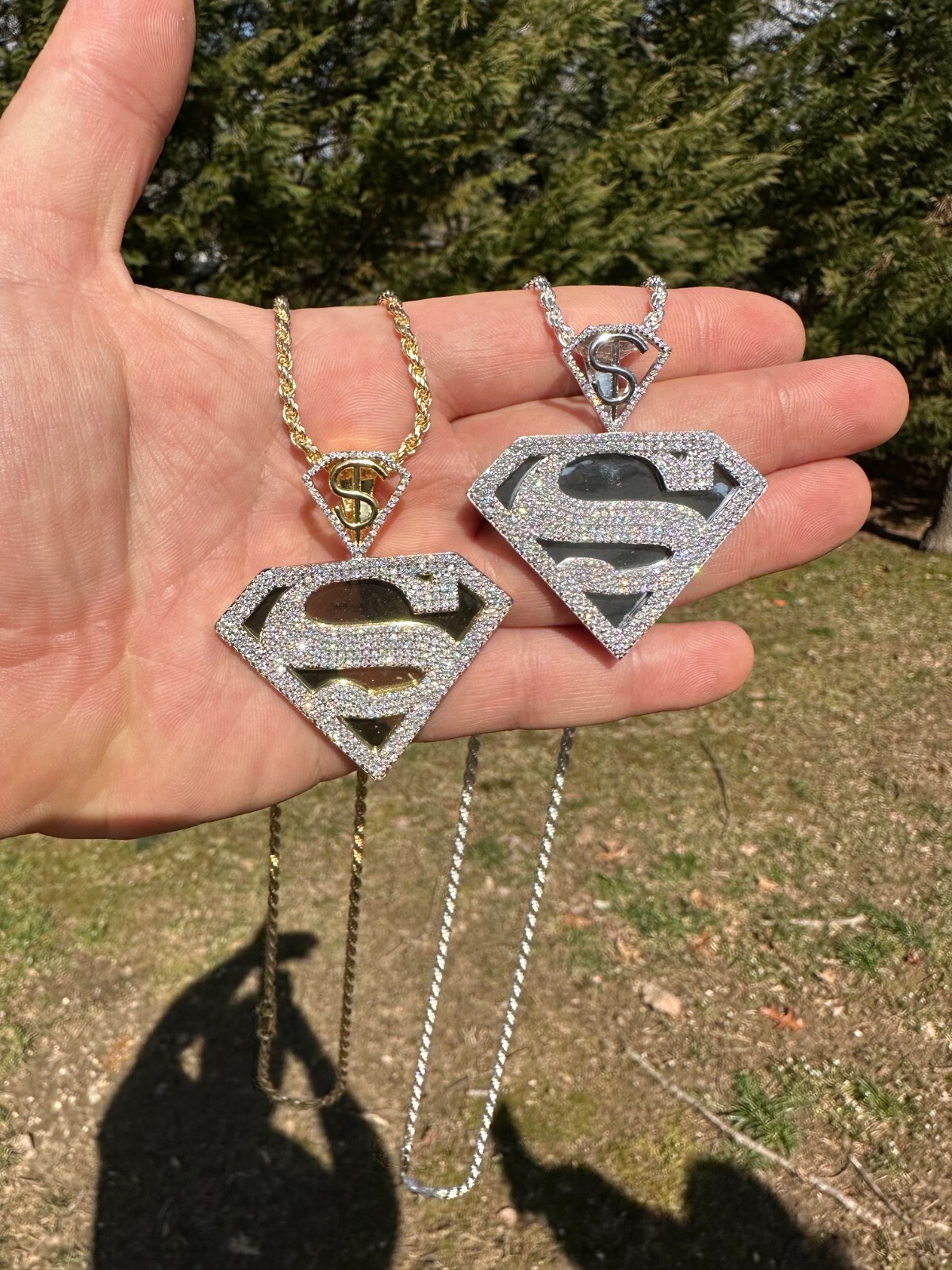 MOISSANITE Real 925 Silver/Gold Plated Iced SUPERMAN Superhero Pendant Necklace