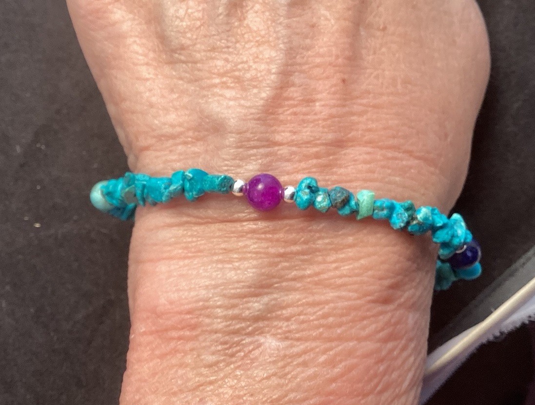 Sterling Silver 8” Turquoise Chip Bracelet With 6mm Lapis Sugilite & Turquoise