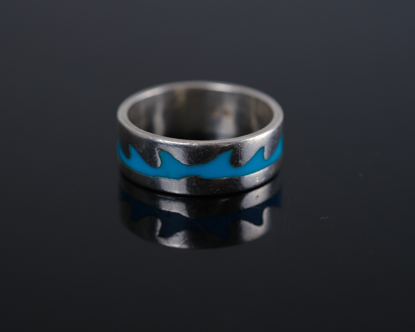 Band ring silver ring wave light blue 925 silver size 64 vintage second hand jewelry