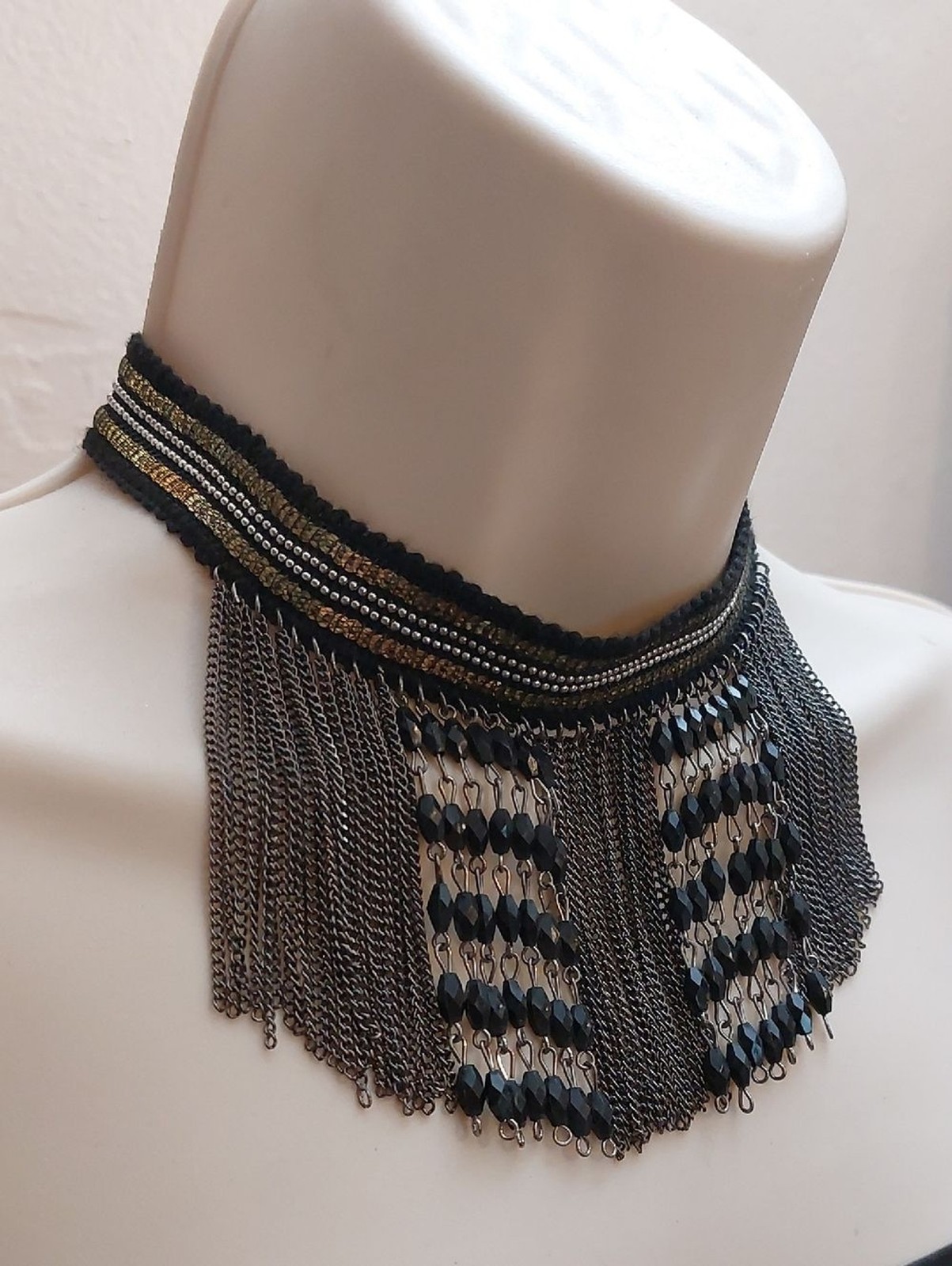 Goth Bohemian Black & Silver Beaded Chain Fringe Choker Statement Necklace