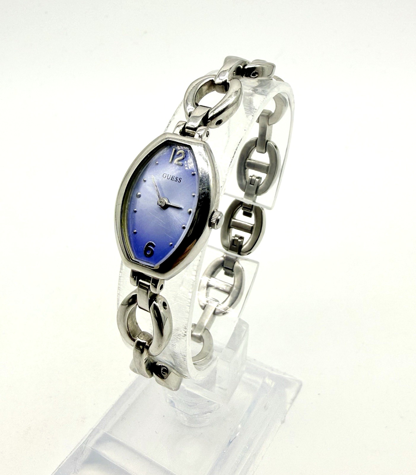 GUESS Ladies Watch Blue Dial New Battery Tonneau Shape Silver Tone Link Bracelet