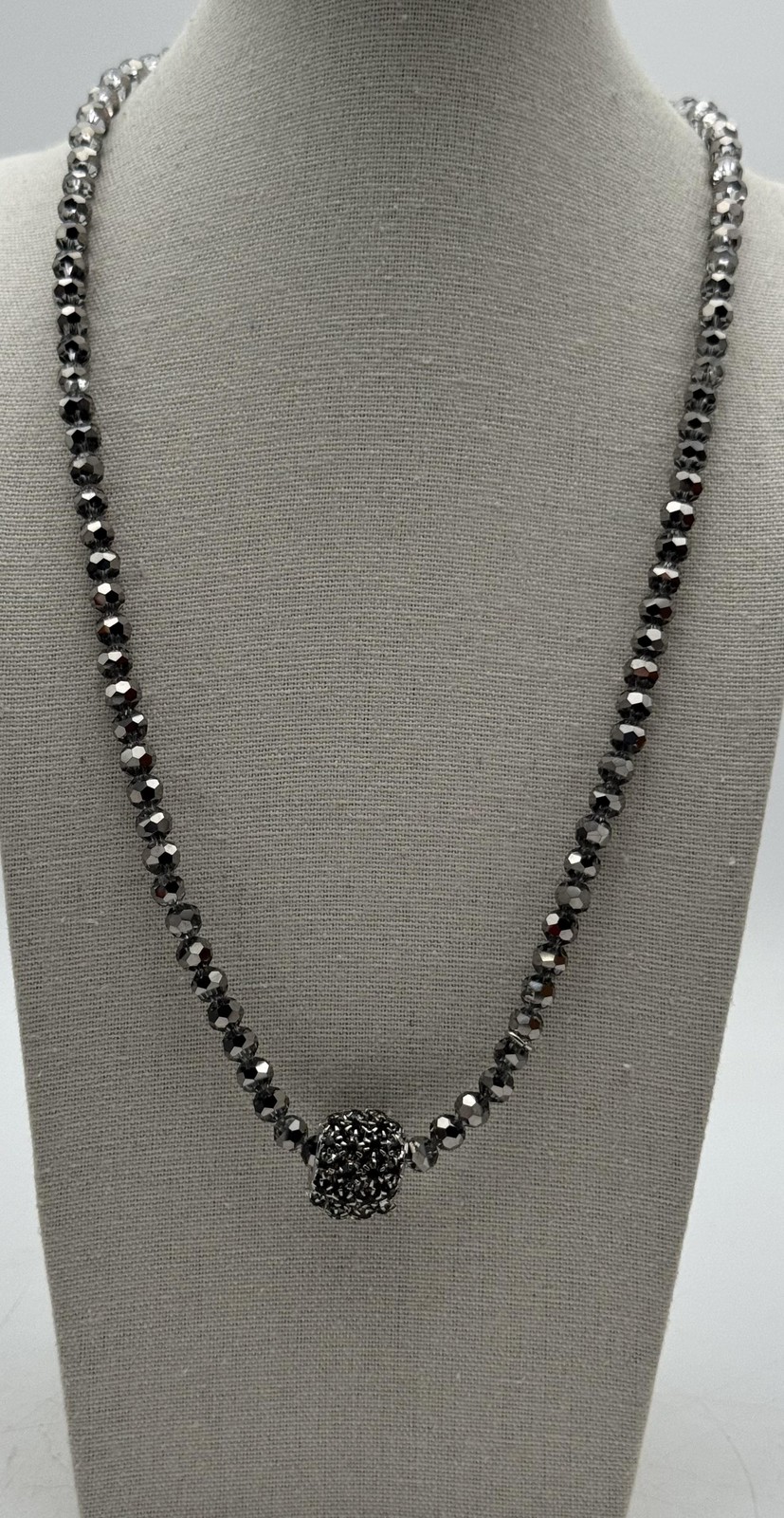 Chico’s Silver Tone Beaded Statement Necklace Gray Crystal Ball 35in Womens