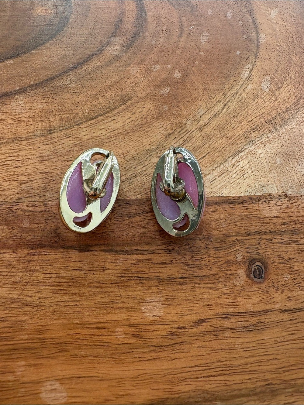 Vintage Pink Enamel and Gold-Tone Oval Clip-On Earrings
