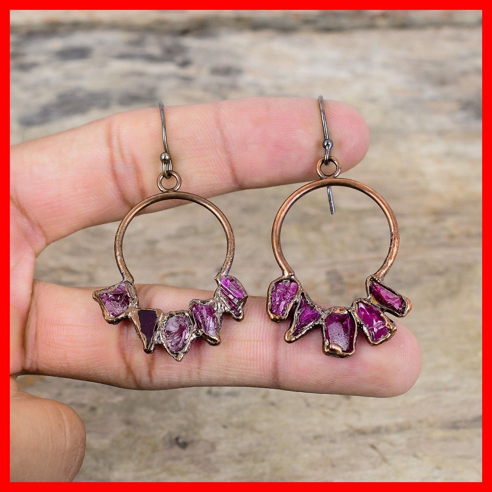 Pentagon Pink Tourmaline Rough Stone Electroformed Dangle Drop Earrings Copper