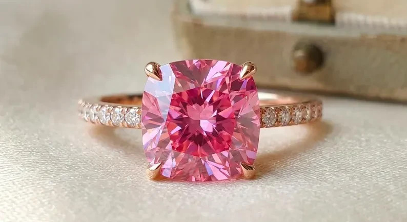 Pink Cushion Cut Moissanite Engagement Ring | Sterling Silver Statement Ring